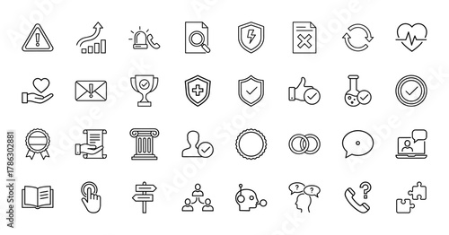 General business line icon set. Vector pictograms of warning, growth, communication, security, health, achievement, education, approval, and support, thin linear illustration.
