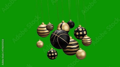 Basketball Christmas hanging ball video 4k animation. Green screen Merry Christmas greeting card. Hang on a thread xmas ornament ball golden bauble on green horizontal background