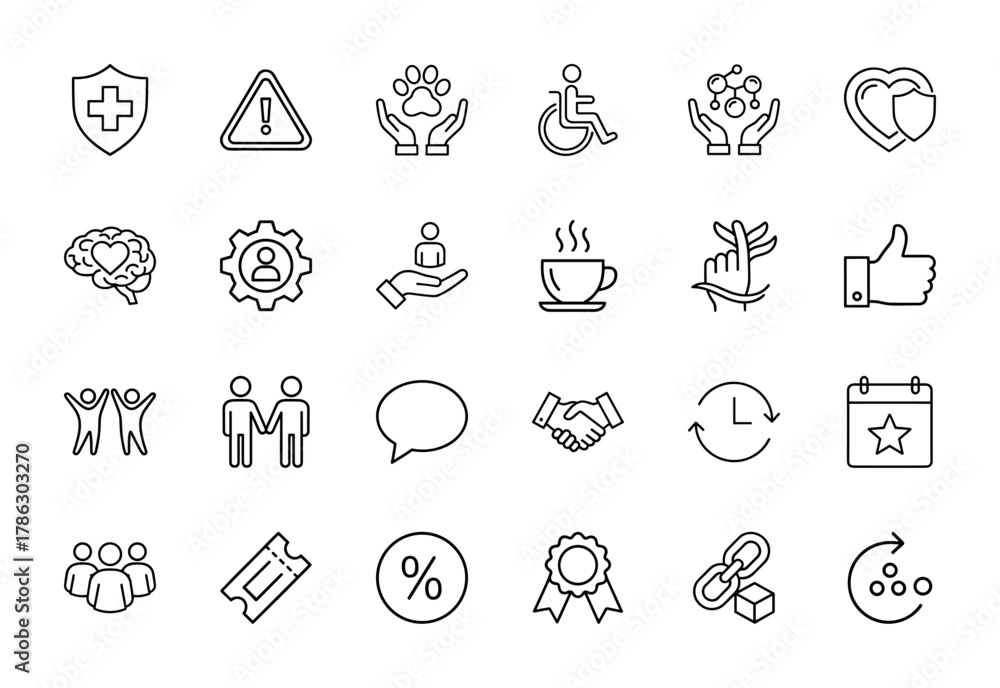 Fototapeta premium Essential general line icon set. Vector pictograms of health, safety, social interaction, accessibility, environment, business, and technology, thin linear illustration.