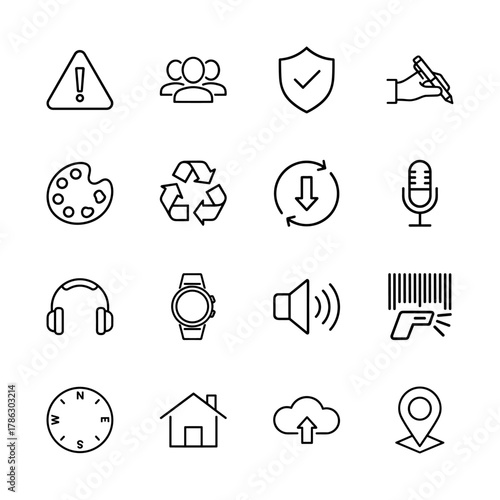 Universal interface line icon set. Vector pictograms of warning, users, security, art palette, recycling, microphone, smartwatch, house, cloud, and location pin, thin linear illustration.