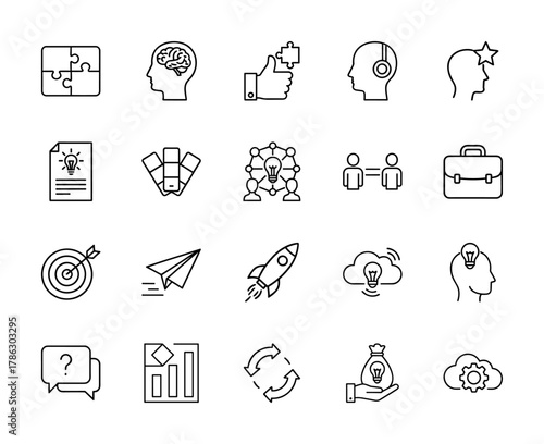 Business strategy line icon set. Vector pictograms of puzzle, brain, document, target, rocket, team collaboration, briefcase, and cloud, thin linear illustration.