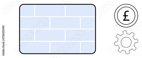 Blue brick wall next to outlined currency icon and gear, symbolizing construction, economy, progress, and development. Ideal for business, planning, labor, industry investment collaboration simple