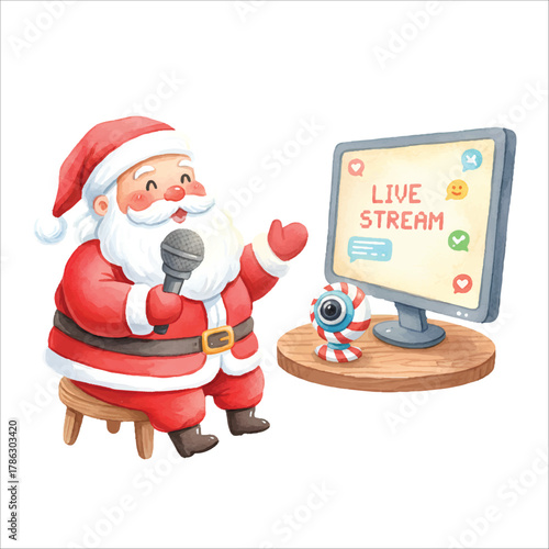 Santa as Gamer Streamer Watercolor Vector
