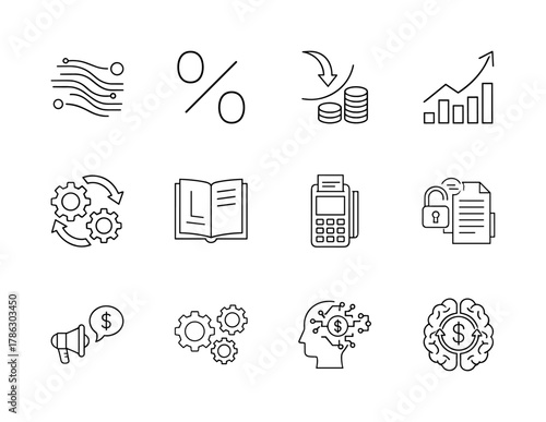 Business and finance line icon set. Vector pictograms of data stream, percentage, growth, workflow, POS terminal, secure document, and financial intelligence, thin linear illustration.
