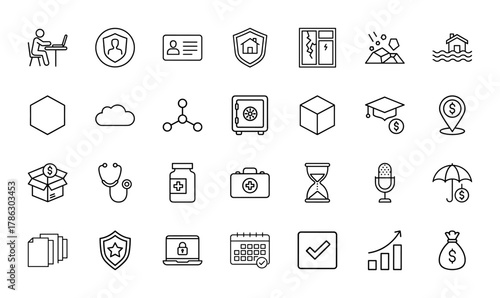 Insurance, business, and finance line icon set. Vector pictograms of user security, home protection, natural disaster, safe, medical kit, umbrella, laptop lock, money bag, thin linear illustration.