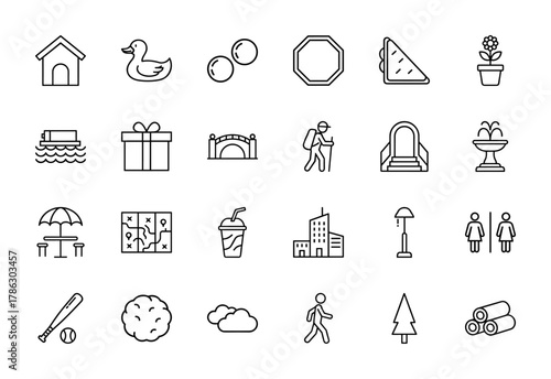 Outdoor and leisure line icon set. Vector pictograms of a dog house, duck, bridge, hiker, fountain, picnic table, map, building, tree, logs, gift, sandwich, and baseball, thin linear illustration.