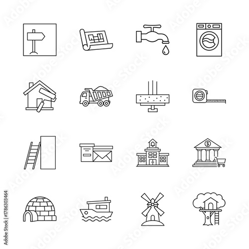 Construction and housing line icon set, featuring blueprint, house, dump truck, washing machine, and bank, thin linear illustration.
