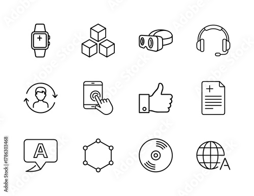 Technology line icon set. Vector pictograms of smartwatch, VR headset, headphones, smartphone, user, cubes, document, and global language, thin linear illustration.