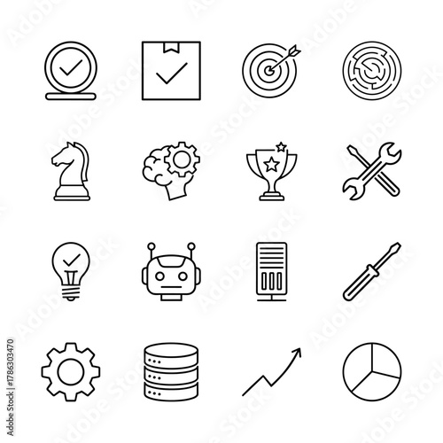 Business strategy and technology line icon set. Vector pictograms of checkmarks, target, chess knight, brain, trophy, lightbulb, robot, server, gears, database, and charts, thin linear illustration.