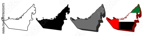 set vector UAE flag in map icon. Detailed UAE map silhouette. 3D isometric UAE map symbol design template illustration