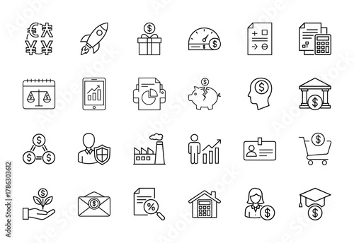 Business and finance line icon set. Vector pictograms of currency, rocket, gift, documents, calendar, smartphone, piggy bank, bank, growth, security, and house, thin linear illustration.