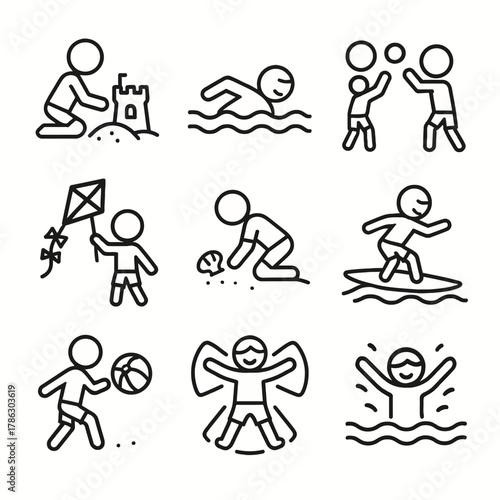A set of 9 modern bold outline (thick line) vector icons illustrating classic children's summer and beach activities.