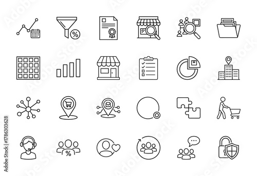 Digital marketing and e-commerce line icon set. Vector pictograms of sales funnels, analytics charts, customer support, and online shopping, thin linear illustration.