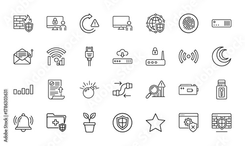 Information technology and cybersecurity icon set. Vector pictograms of firewall, network, fingerprint, phishing, cloud, router, protection, and threat, thin linear illustration.