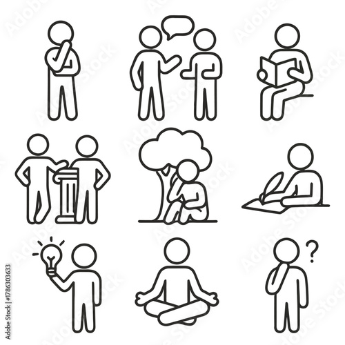 A set of 9 modern outline (line) vector icons illustrating concepts related to philosophy, critical thinking, education, and contemplation.