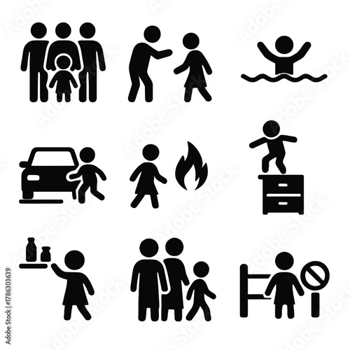 Child Safety and Danger Prevention Outline Silhouette Icons Set