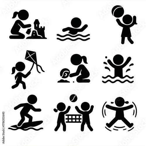 Children's Beach and Summer Outdoor Activities Silhouette Icons Set