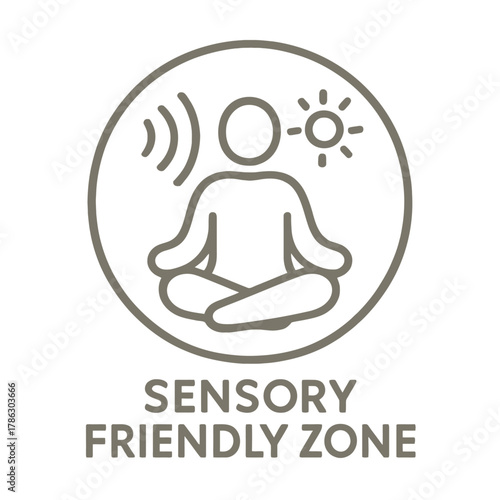 A clear, minimalist vector outline icon in a circular frame, featuring a person sitting in a meditative or calm pose.