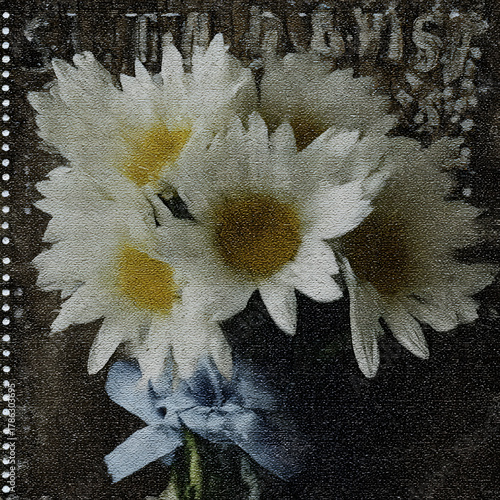 Bouquet of daisies tied with a blue ribbon on a vintage postage stamp from the early 20th century