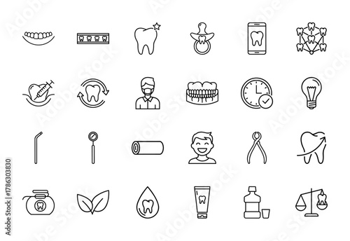 Dental care line icon set. Vector pictograms of teeth, dentist, instruments, dentures, floss, toothpaste, mouthwash, and patient, thin linear illustration.