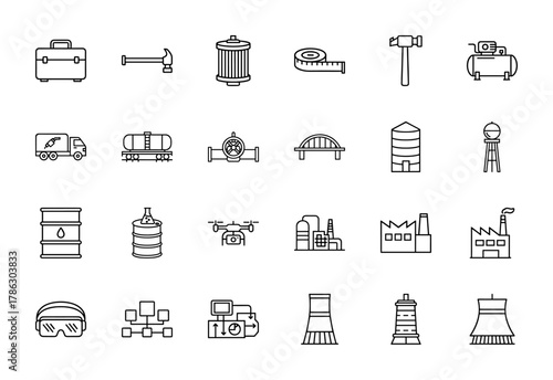 Industrial and engineering line icon set. Vector pictograms of toolbox, hammer, filter, fuel truck, factory, drone, oil barrel, bridge, silo, and cooling tower, thin linear illustration.