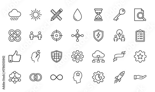Universal concept line icon set. Vector pictograms of cloud, sun, pencil, key, shield, rocket, brain, network, hourglass, target, checklist, and thumbs up, thin linear illustration.