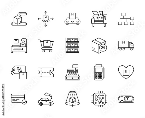 Logistics and e-commerce line icon set. Vector pictograms of conveyor, package, delivery, truck, warehouse, payment, and returns, thin linear illustration.