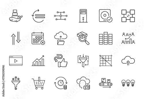 Digital business and analytics line icon set. Vector pictograms of server, cloud, hard drive, charts, funnel, shopping cart, lightbulbs, and containers, thin linear illustration.