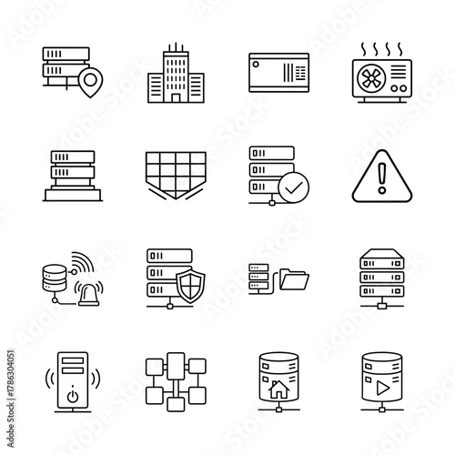 IT infrastructure line icon set. Vector pictograms of server racks, data center, cooling unit, network firewall, data transfer, and hosting, thin linear illustration.