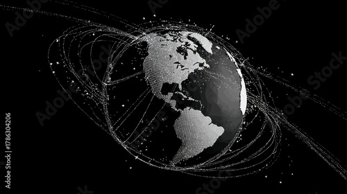 Global Connection Network. A minimalist globe with dotted flight paths connecting major cities, symbolizing a worldwide network.