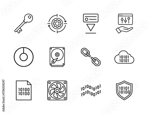 Technology line icon set. Vector pictograms of key, data process, server, controls, chart, hard drive, link, cloud, binary document, fan, binary, and shield, thin linear illustration.