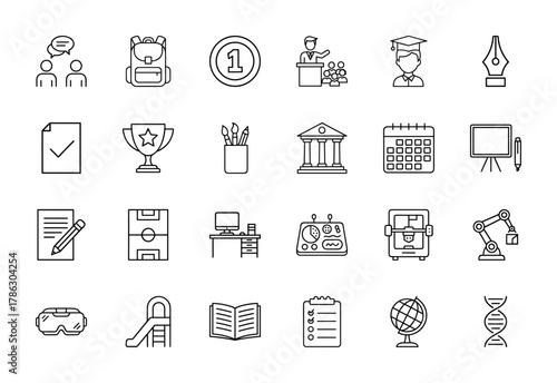 Education, science, and technology line icon set. Vector pictograms of DNA, VR headset, robotic arm, 3D printer, graduate, trophy, book, and globe, thin linear illustration.