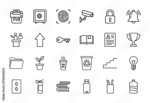 Business and utility line icon set. Vector pictograms of a shredder, safe, fingerprint, CCTV camera, lock, bell, podium, key, book, folder, plant, lightbulb, and USB drive, thin linear illustration.
