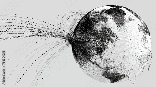 Global Connection Network. A minimalist globe with dotted flight paths connecting major cities, symbolizing a worldwide network.