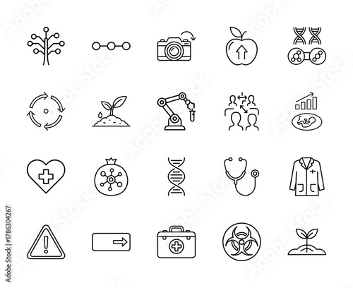 Science and technology line icon set. Vector pictograms of circuit tree, camera, apple, DNA, robotic arm, stethoscope, biohazard, first aid kit, and sprout, thin linear illustration.