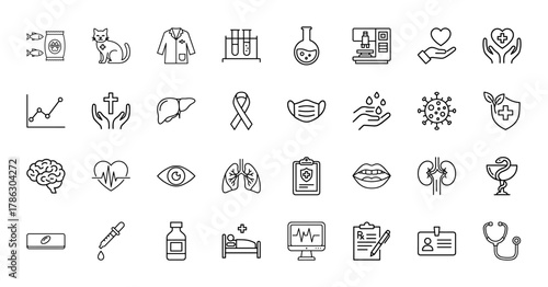 Healthcare and medical science line icon set. Vector pictograms of brain, heart, lungs, stethoscope, test tubes, microscope, mask, virus, and pet care, thin linear illustration.