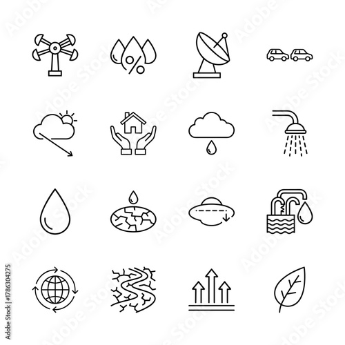 Environmental climate icon set. Vector pictograms of wind turbine, humidity, satellite, cloud, raindrop, drought, water dam, leaf, and globe, thin linear illustration.