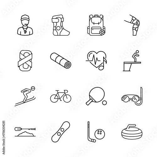 Sports and fitness line icon set. Vector pictograms of coach, backpack, knee brace, yoga mat, diver, skier, bicycle, table tennis, snorkel, golf, and curling, thin linear illustration.