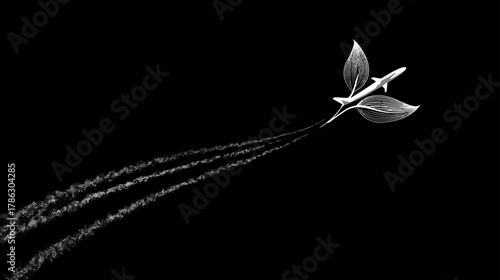 Sustainable Flight Path. An airplane icon with a leaf-shaped contrail, representing eco-friendly aviation.
