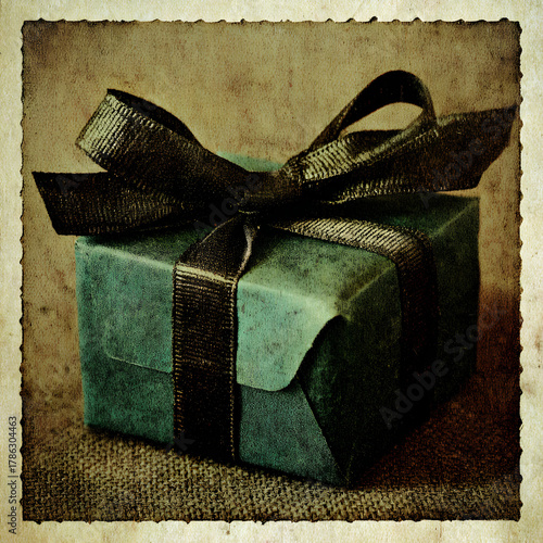 Wrapped gift with black ribbon on textured background creates a warm, inviting atmosphere
