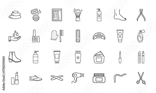 Beauty and personal care line icon set. Vector pictograms of spa stones, soap, body wash, nail polish, perfume, lipstick, hair dryer, and scissors, thin linear illustration.