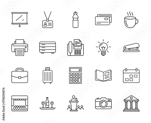 Business and office line icon set. Vector pictograms of essential items like a projector screen, ID badge, credit cards, printer, calculator, briefcase, and calendar, thin linear illustration.