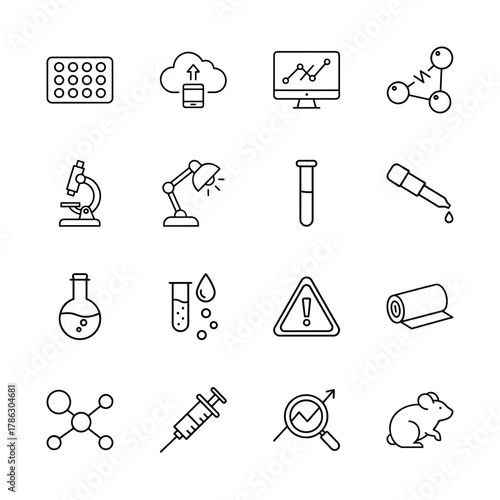 Science and research line icon set. Vector pictograms of microscope, test tubes, molecules, syringe, data analysis, lab mouse, blister pack, and dropper, thin linear illustration.