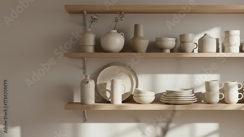 Minimalist kitchen shelves displaying an array of ceramic dishes and utensils in soft natural light