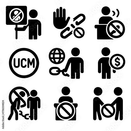 Against Unilateral Coercive Measures (UCM) Silhouette Icons Set