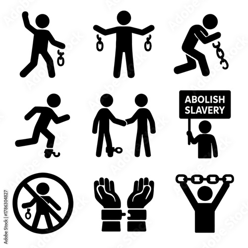 Abolition of Slavery and Human Rights Silhouette Icons Set