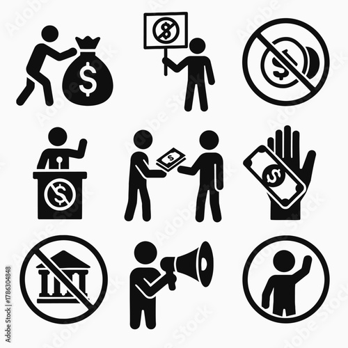 A set of 9 solid black silhouette vector icons illustrating the themes of corruption, bribery, and the movement to stop them.