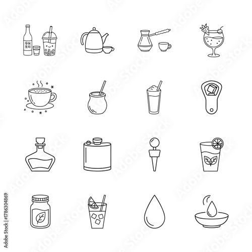 Drinks and beverage line icon set. Vector pictograms of bottles, bubble tea, teapot, coffee pot, cocktails, steaming cups, decanters, flasks, and water drops, thin linear illustration.