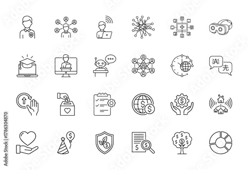Digital and business line icon set. Vector pictograms of user, network, laptop, VR headset, robot, money tree, donation, and smart home, thin linear illustration.