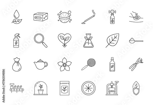 Natural products line icon set. Vector pictograms depicting water drop, leaf, recycle box, bath bomb, incense, spray, plant, flower, oil, shears, seed, and press, thin linear illustration.